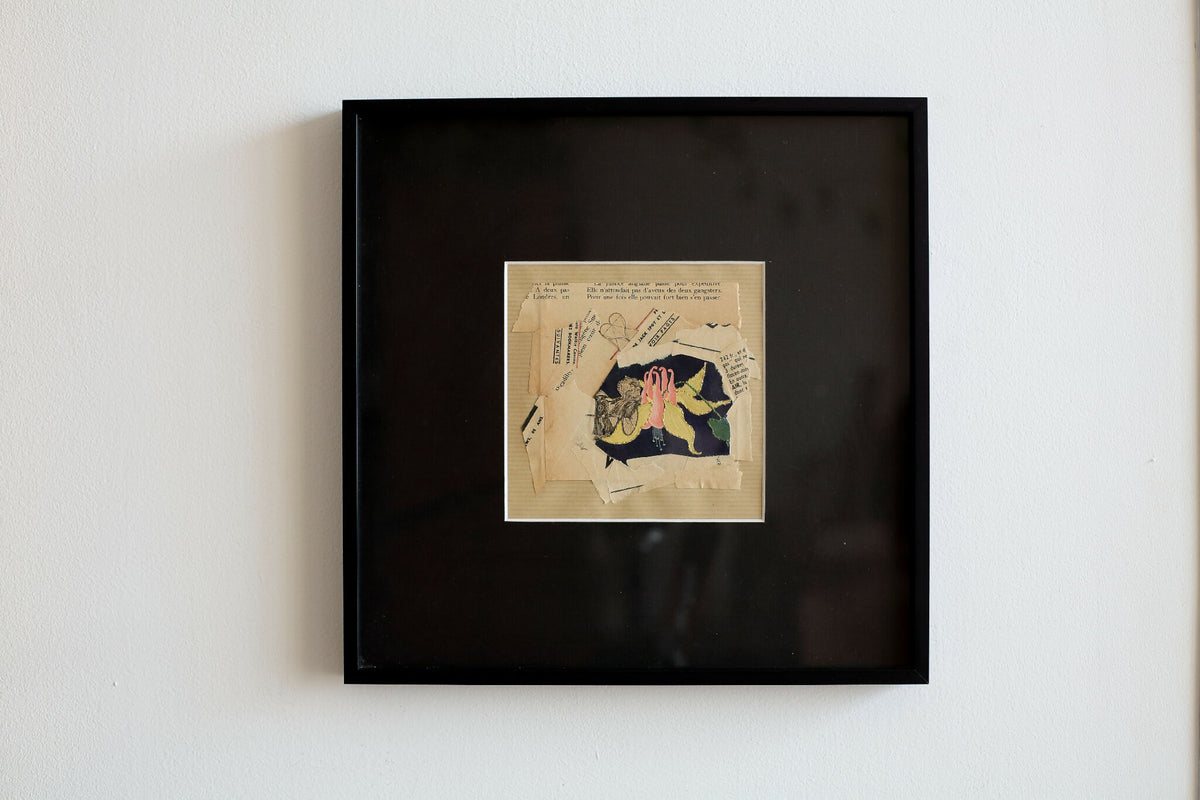 Tableau encadré Plein Coeur, collage papier, cadre noir, illustration au centre.