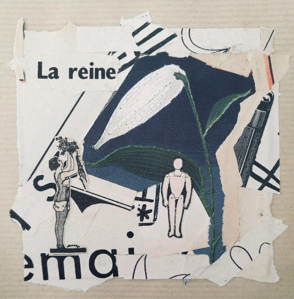 Affiche La reine en collage papier, illustration bleu, vert et blanc avec personnages