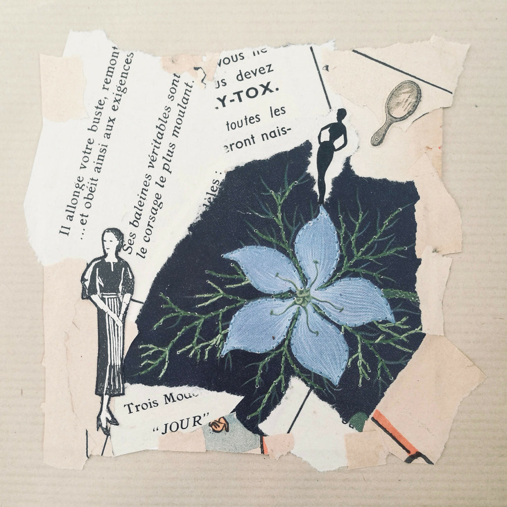 Collage d’affiche "Jour" avec fleur bleue, silhouettes et fragments de texte