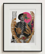 Collage encadré avec portrait, formes dorées et cercle rose, dans un cadre noir