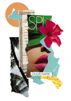 Collage avec texte vert « SP », fleur rose, lèvres rouges et formes turquoise