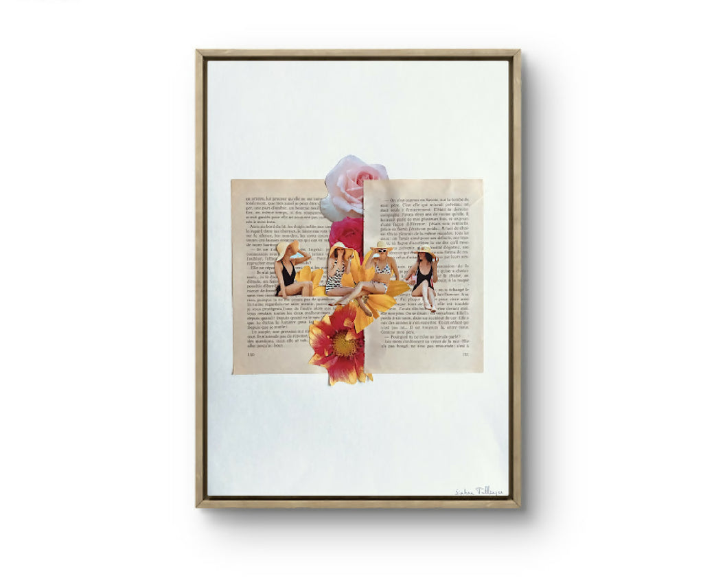 Collage encadré « Soleil d’été » avec fleurs colorées et silhouettes féminines