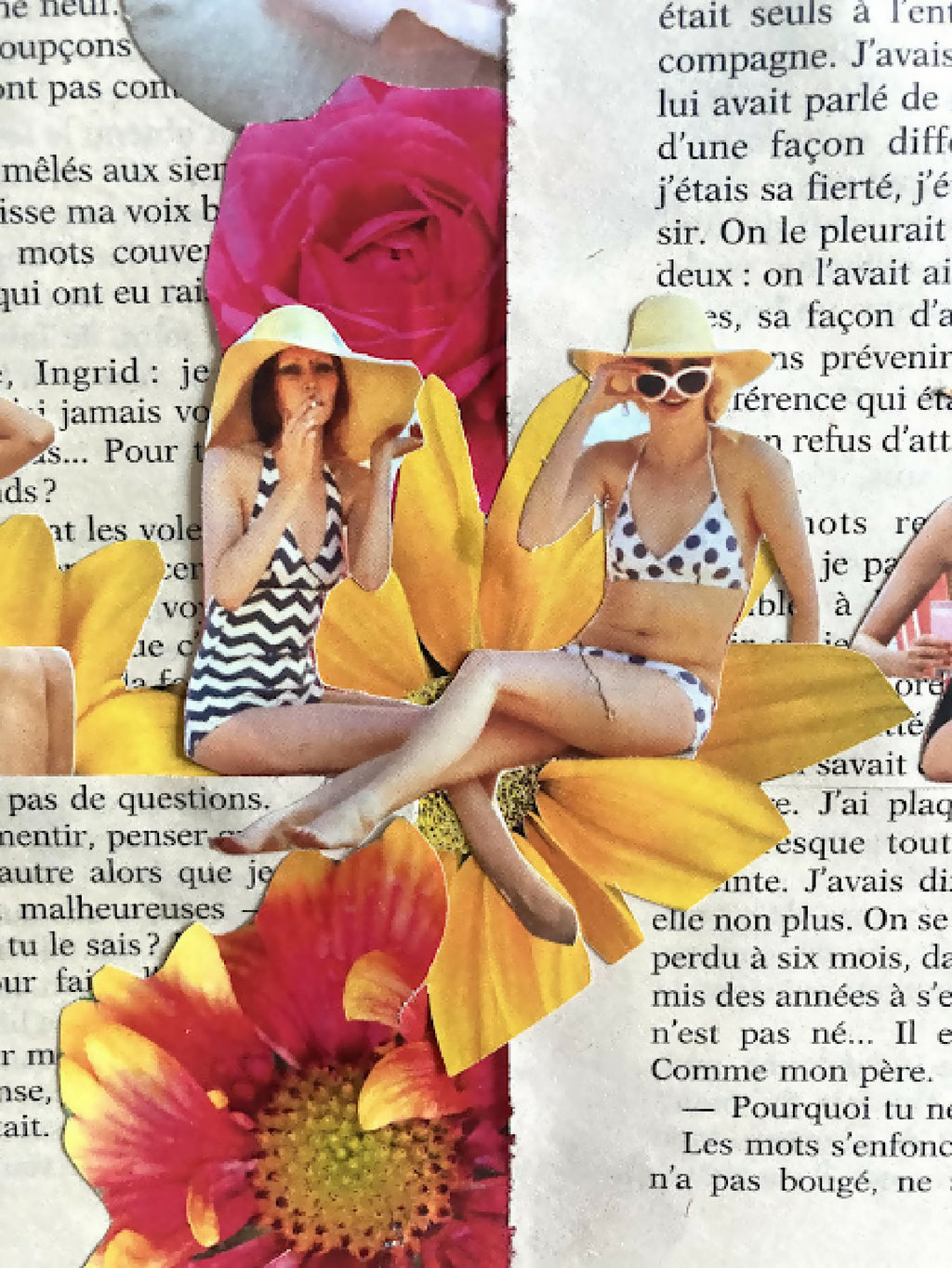 Collage encadré : femmes en chapeau et lunettes, fleurs multicolores sur texte