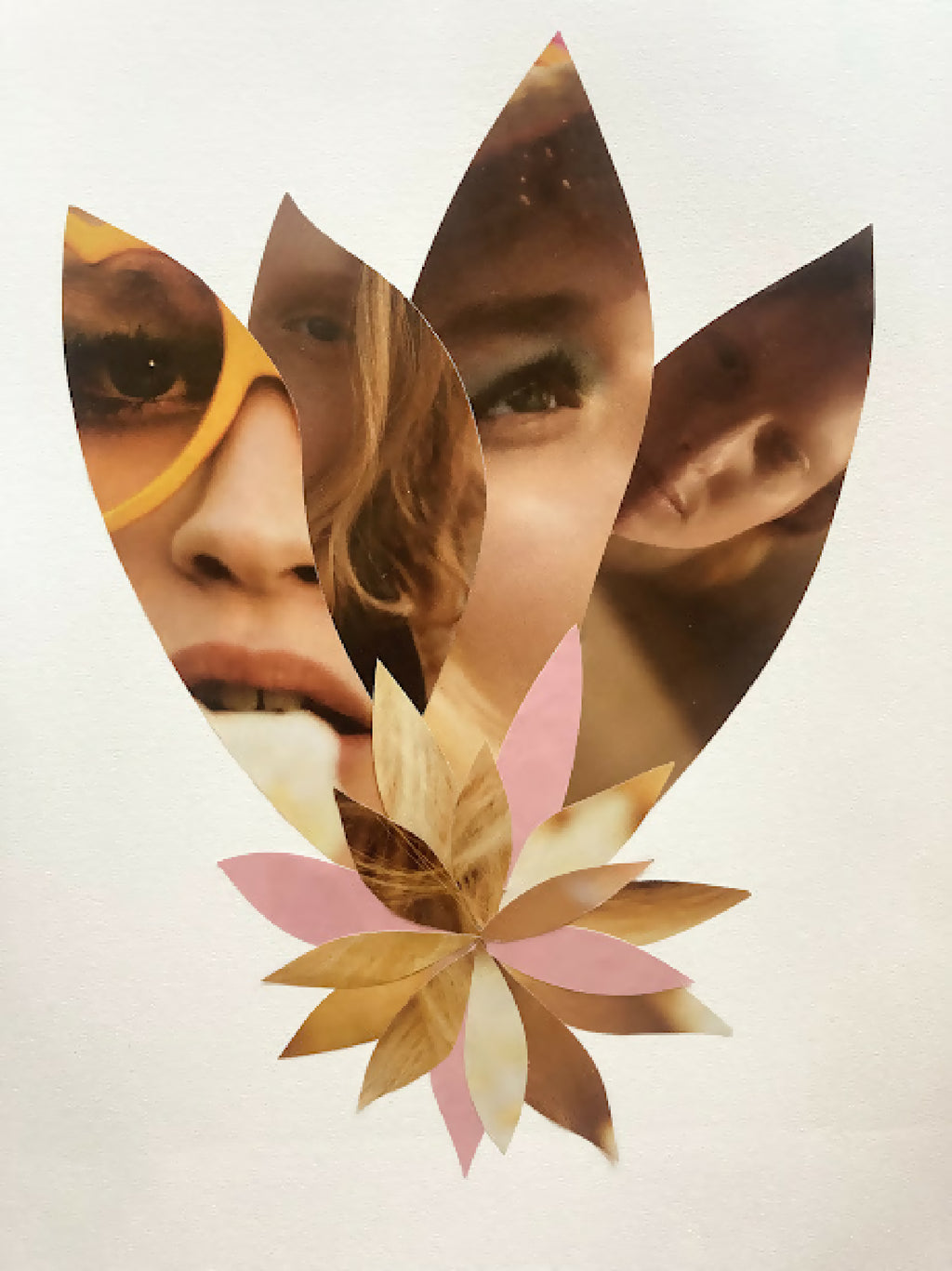 Collage encadré en gros plan: portraits féminins superposés et fleur multicolore.
