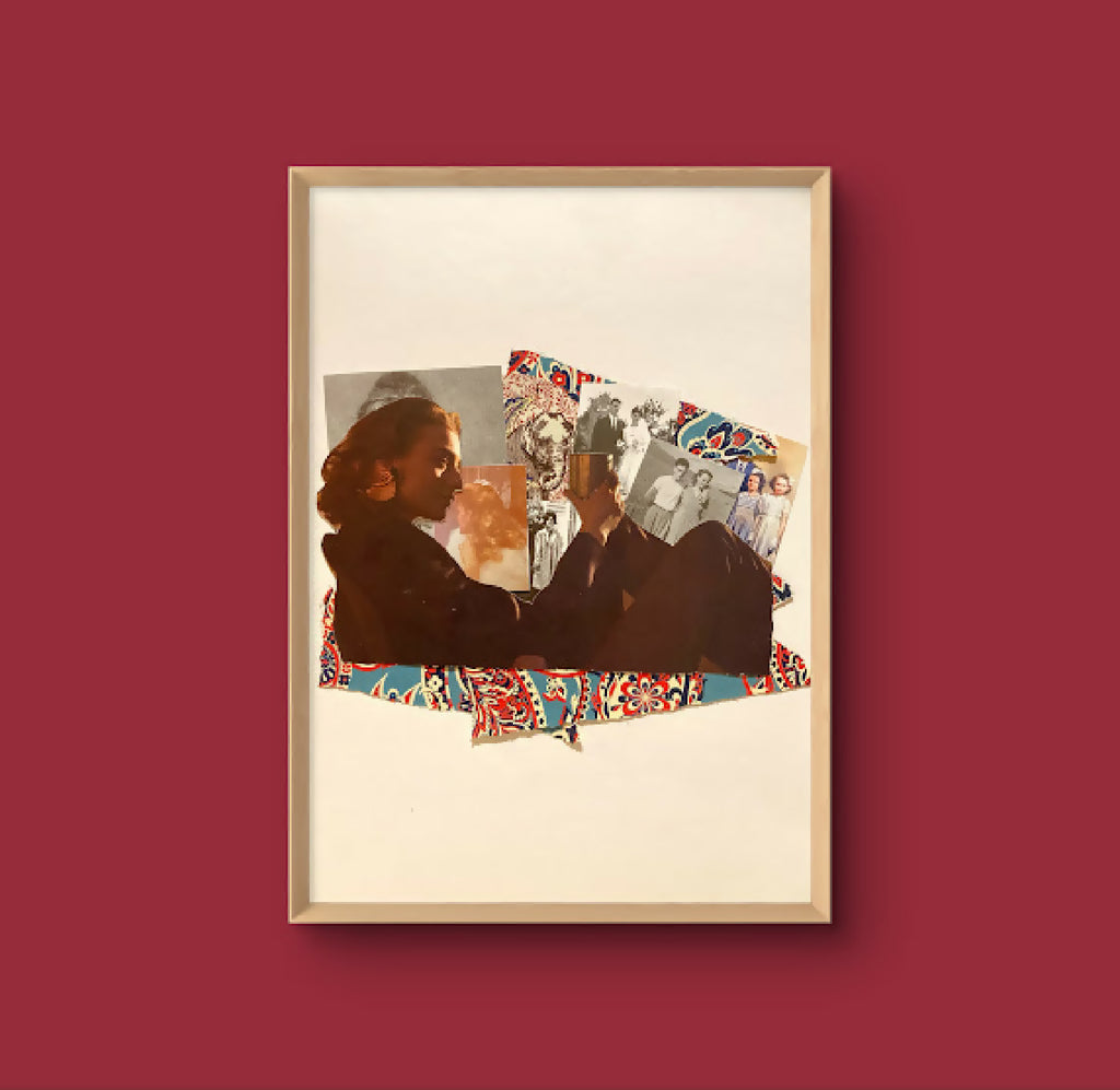 Encadrement beige avec collage de visages superposés, photos noir et blanc.