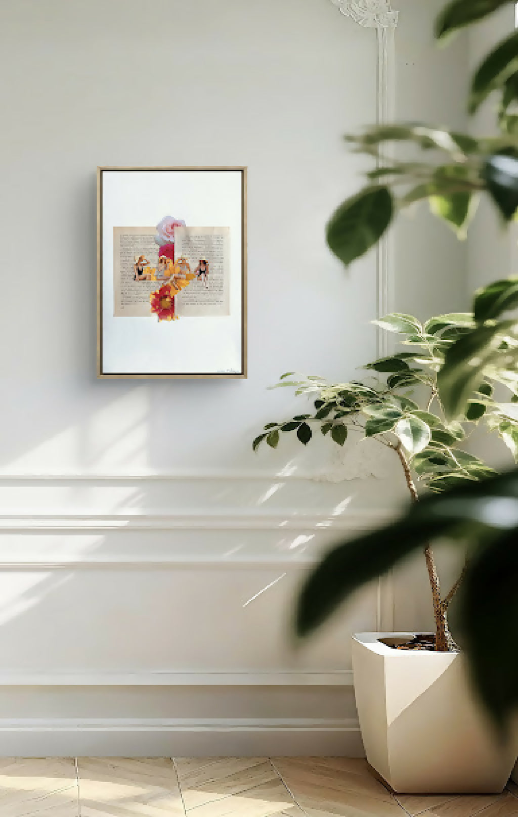 Petit collage encadré « Soleil d’été » : fleurs, silhouettes et texte imprimé