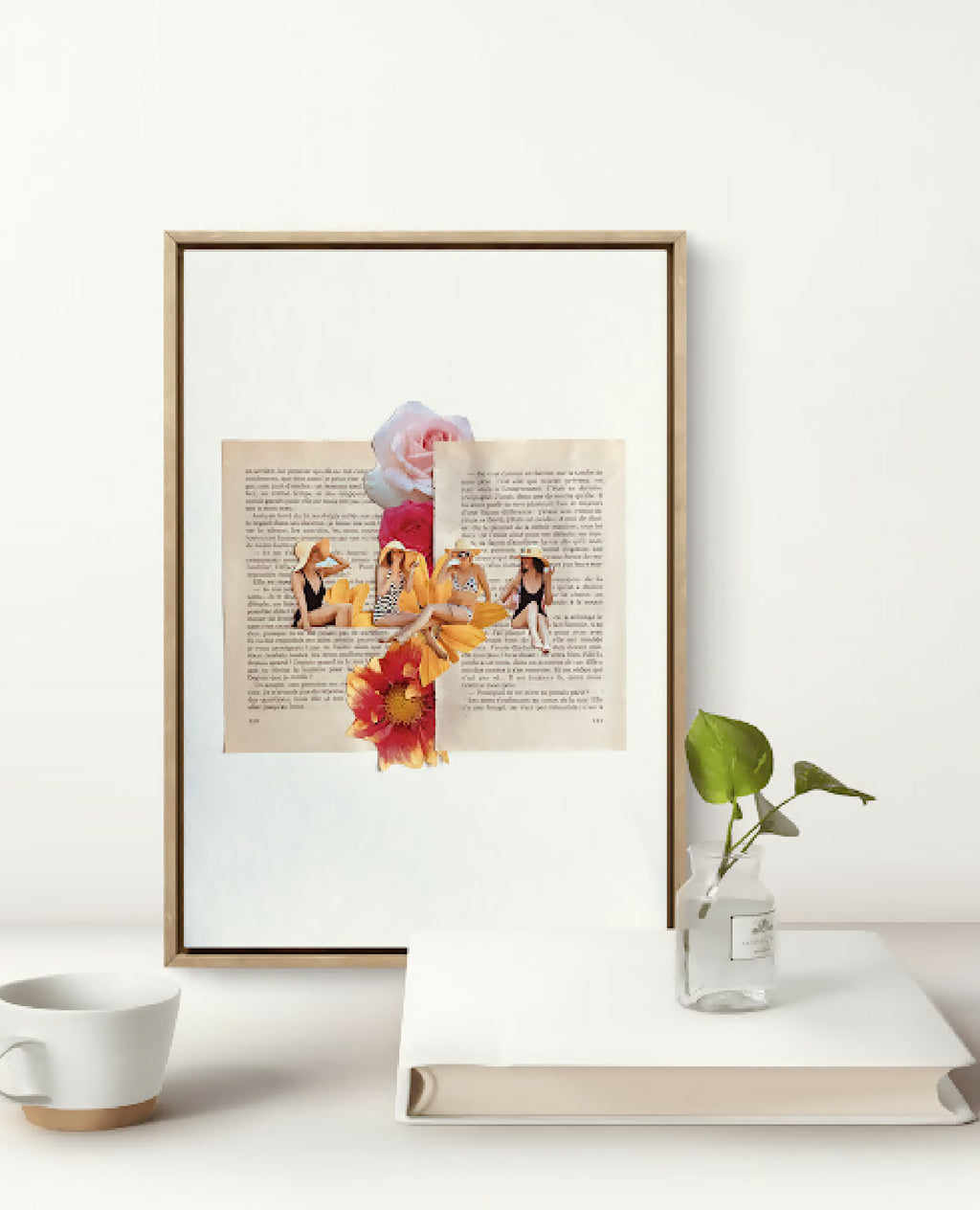 Collage encadré « Soleil d’été » multicolore avec fleurs et personnages