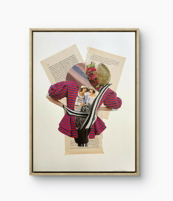 Affiche encadrée avec collage de personnages, grand chapeau en paille et robe rayée rouge.