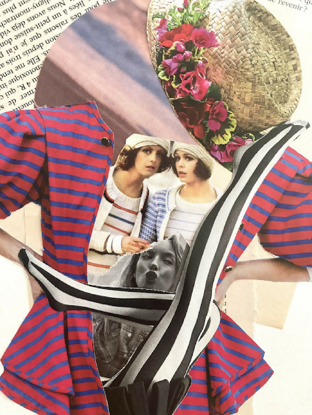 Collage de personnages : chapeau en paille fleuri, tablier noir et robe rayée rouge et bleu.