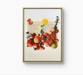 Affiche encadrée avec collage de fruits rouges et jaunes, silhouettes noires et texte papier.