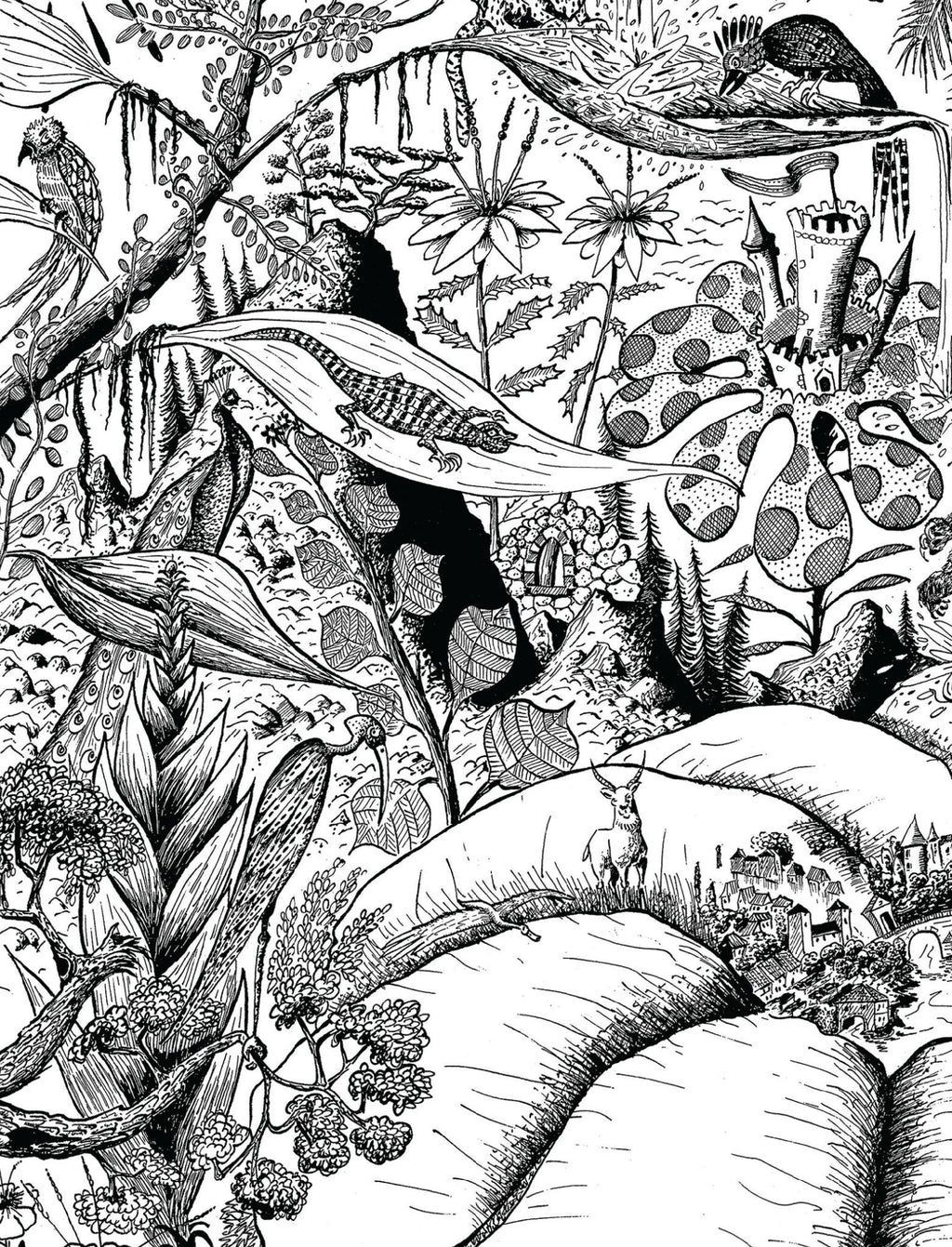 Illustration noir et blanc d’un jardin luxuriant avec couple et animaux, vue rapprochée