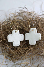 Créoles « Croix Étoilées » Boucles d'Oreilles en Porcelaine Blanche Émaillée