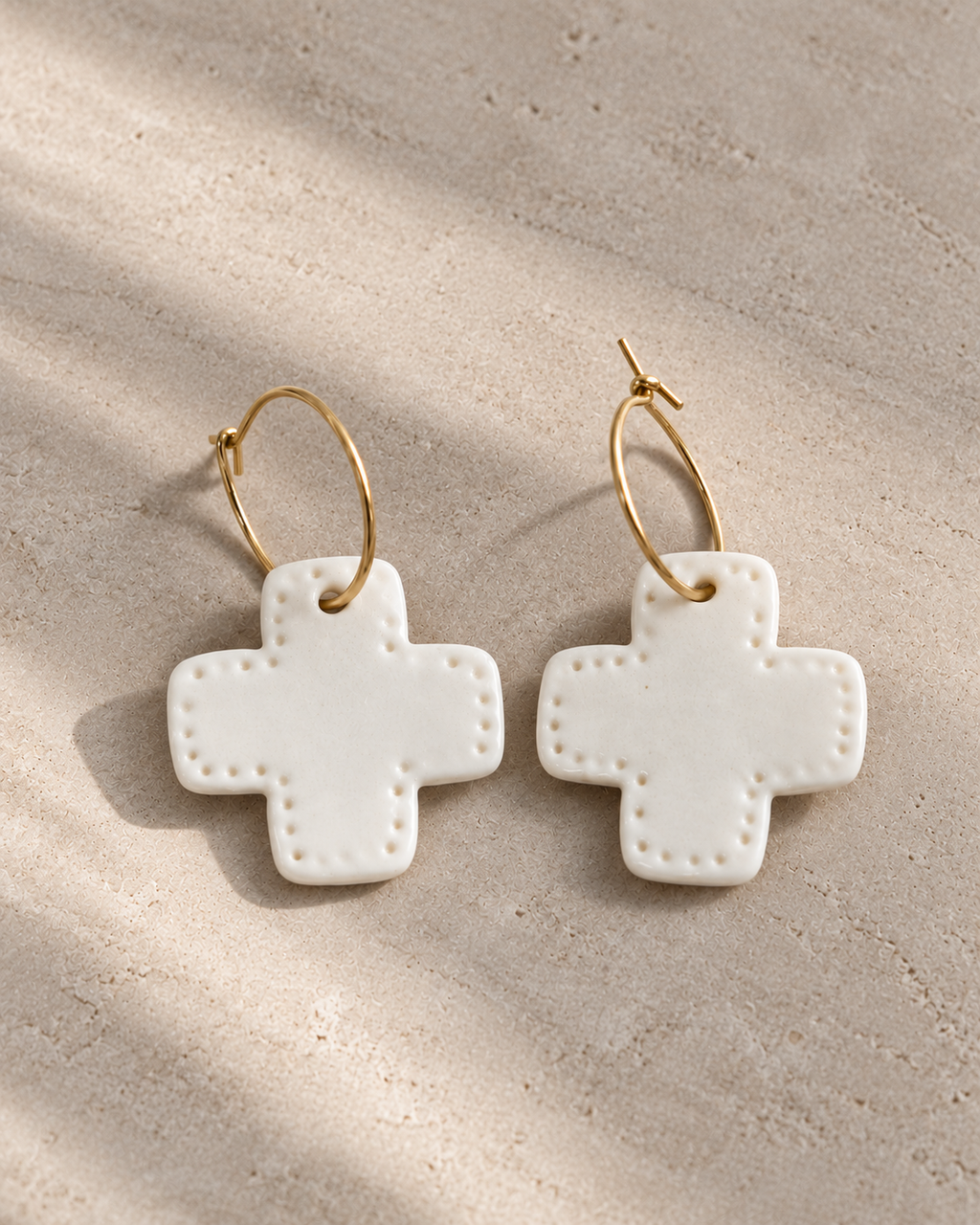 "Starry Cross" Hoop Earrings in White Enamelled Porcelain