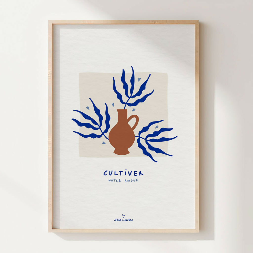 Affiche A4 encadrée en bois, motif corail bleu et terre cuite sur fond clair