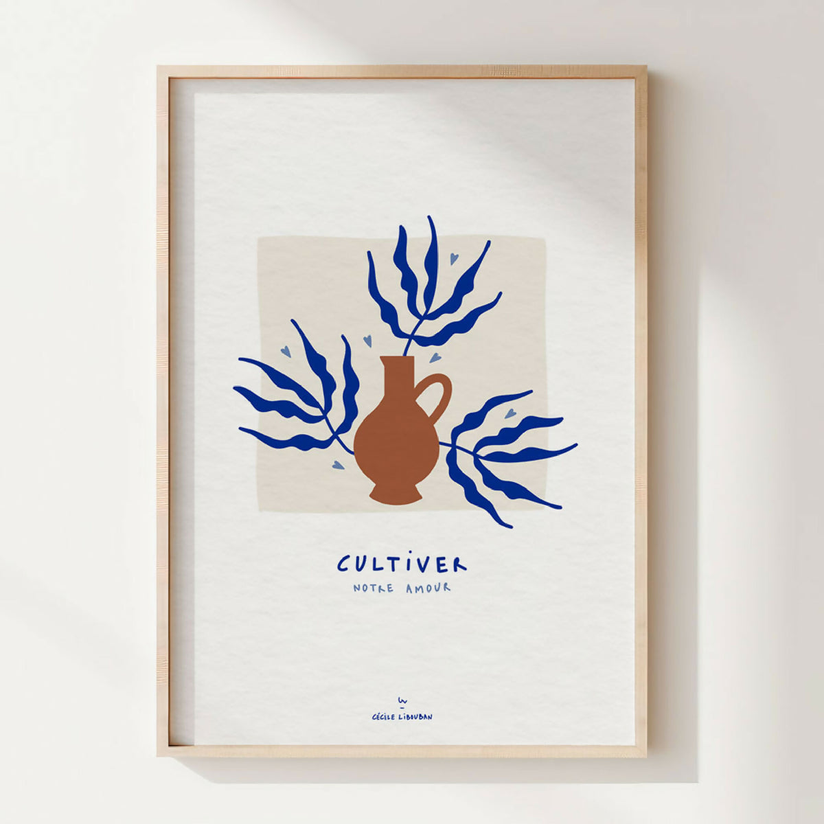 Affiche A4 encadrée en bois, motif corail bleu et terre cuite sur fond clair