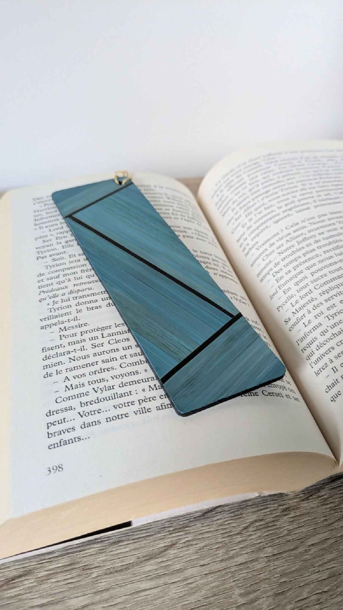 Marque-pages avec marqueterie de paille Bleu/Gris anthracite/Doré