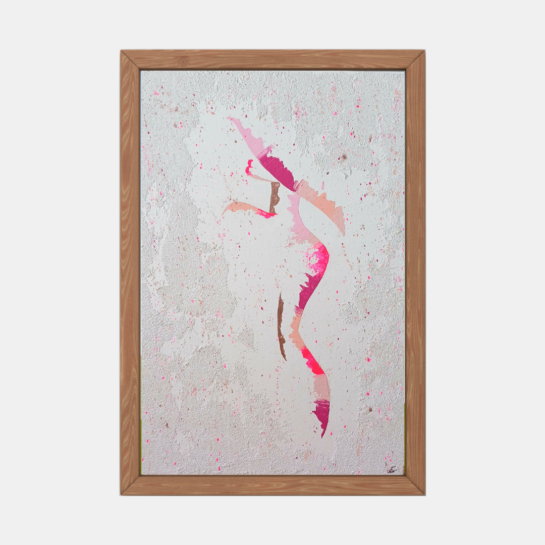 Tableau encadré : silhouette féminine à chapeau en rose, éclaboussures sur fond clair