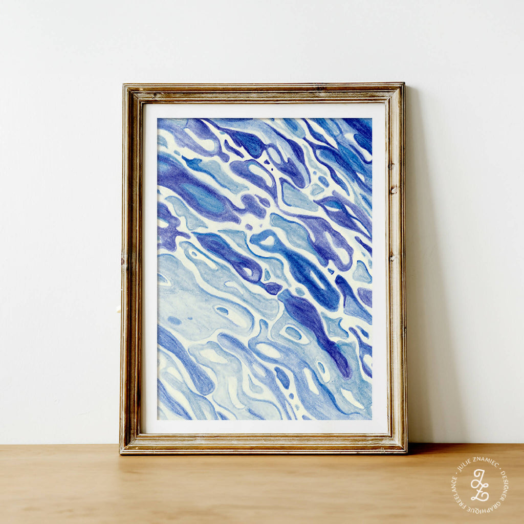 Tableau encadré à motif d’ondes d’eau bleu et blanc