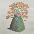 Tableau illustré : grand vase vert et bouquet de fleurs rondes multicolores