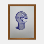 Affiche encadrée : tête de monstre cartoon violette aux grands yeux bleus.