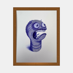 Illustration encadrée : tête de monstre violet, relief sur fond clair