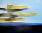 Tableau abstrait encadré, touches jaunes et bleues, formes rectangulaires