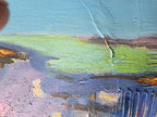 Coin supérieur du tableau : ciel bleu-vert, bordure verte et traces jaunes et roses