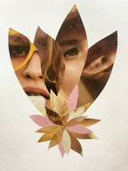 Collage encadré en gros plan: portraits féminins superposés et fleur multicolore.