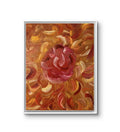 Tableau décoratif abstrait en peinture à fleurs, cadre argenté, tourbillon rose et orange.
