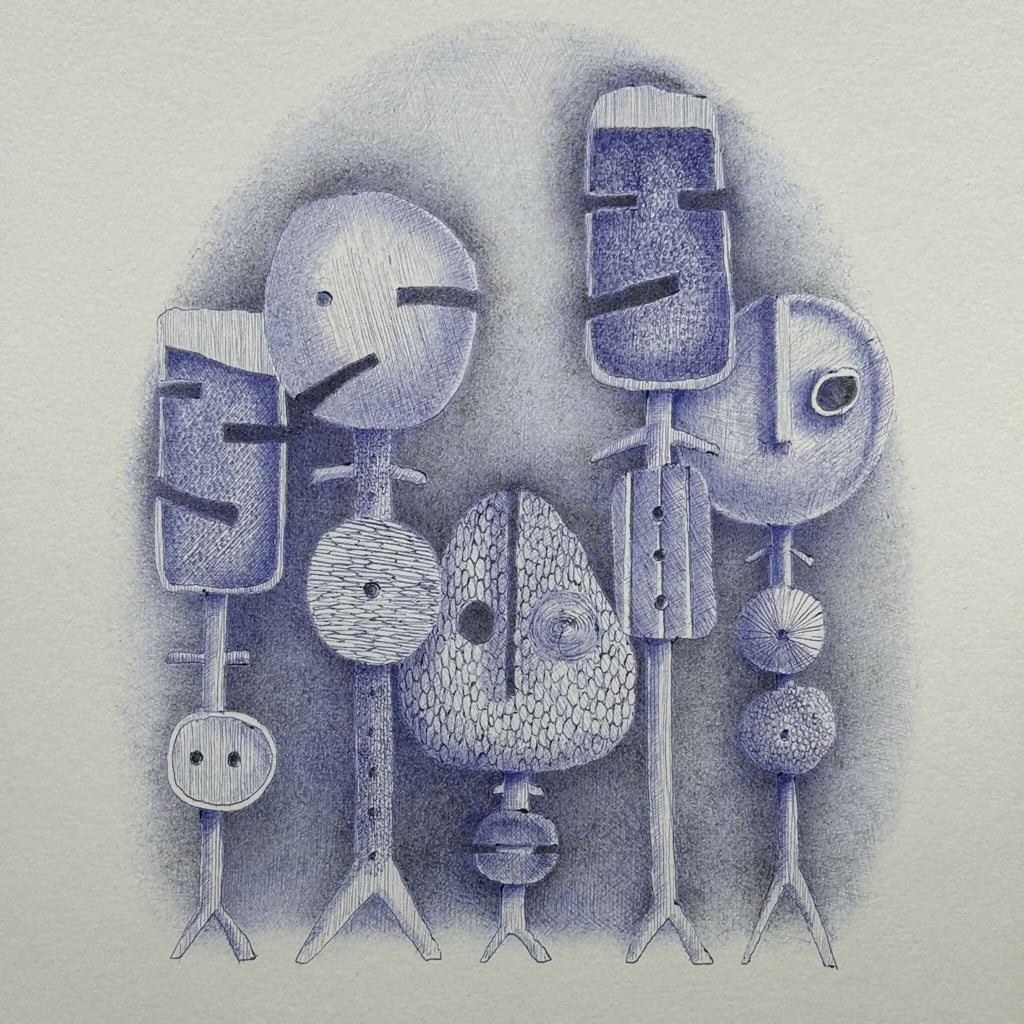 Tableau avec personnages abstraits en bleu et gris, formes graphiques signées.