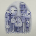 Tableau avec personnages abstraits en bleu et gris, formes graphiques signées.