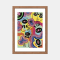 Affiche encadrée à bordure blanche, motif abstrait multicolore aux visages.