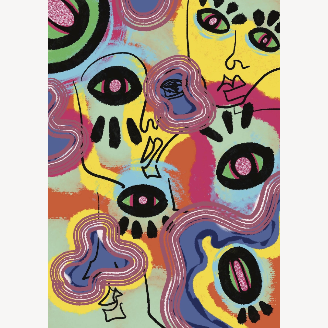 Détail de l’impression abstraite multicolore : yeux, formes ondulées et contours.