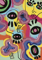 Impression d’art abstraite multicolore avec yeux stylisés et formes courbes.