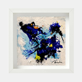 Tableau abstrait encadré Galaxye, touches bleues et jaunes sur fond clair