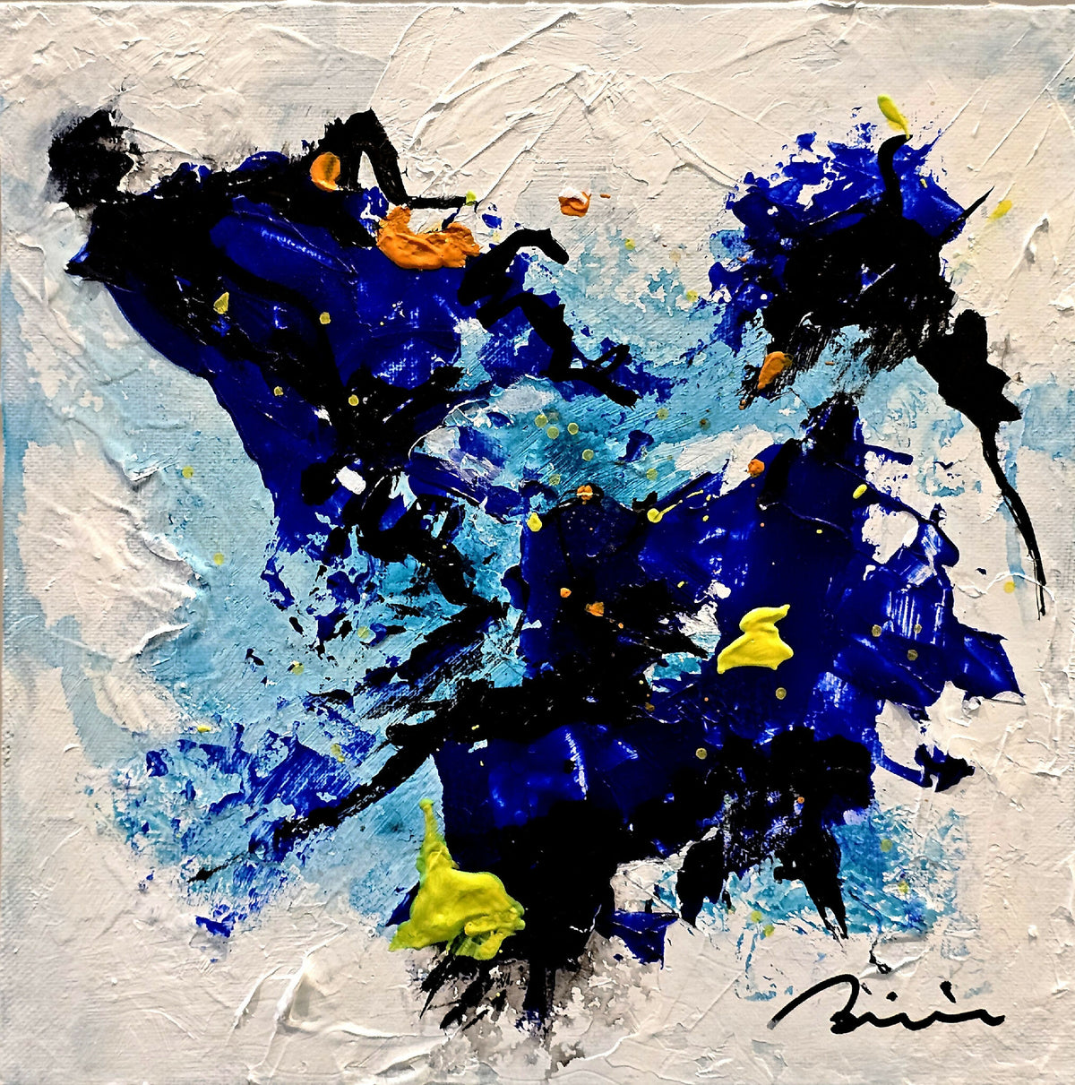 Peinture abstraite encadrée bleu et noir, éclats jaunes, signature au coin