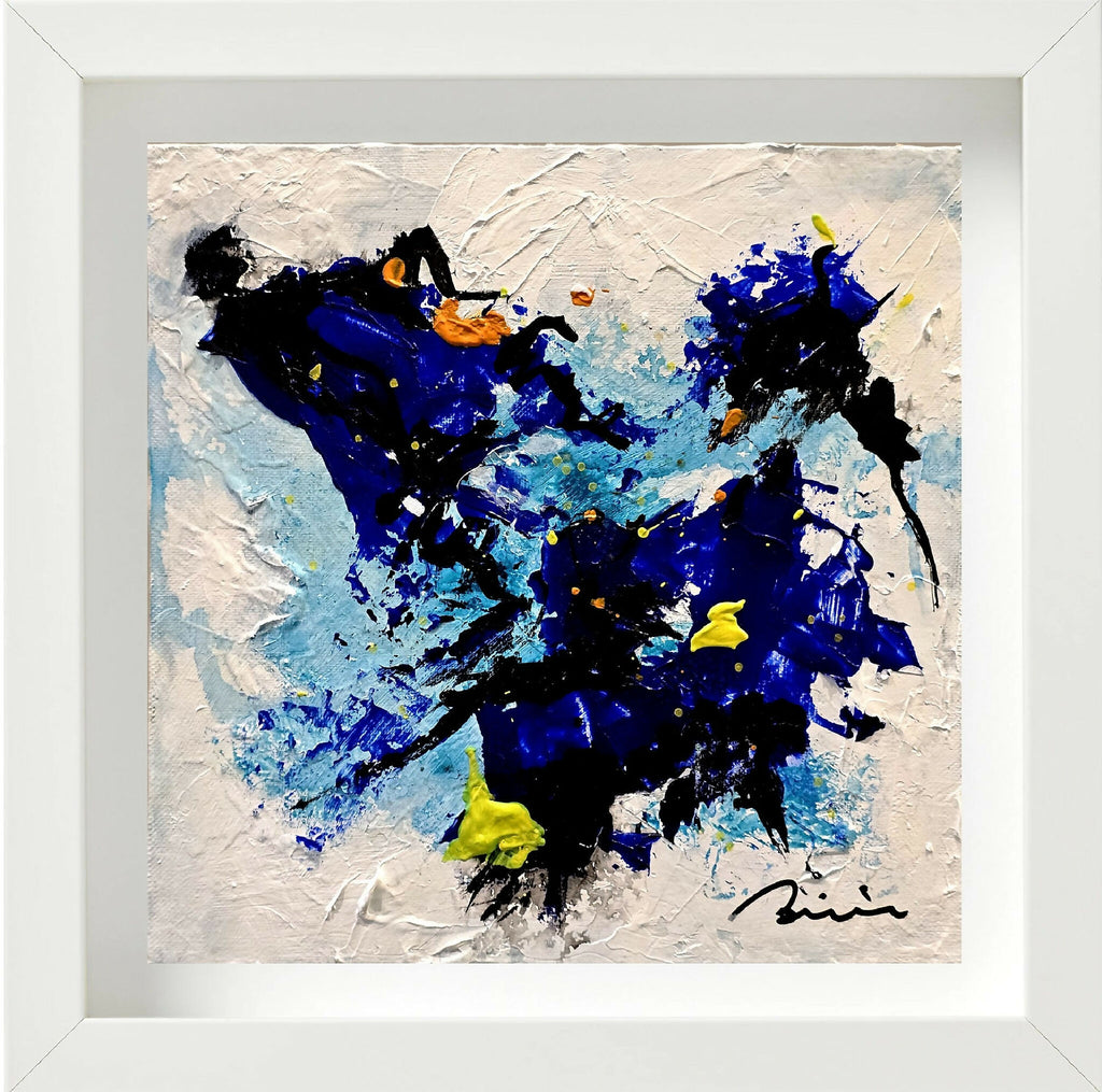 Peinture abstraite bleu et noir avec éclats jaunes, dans un cadre blanc
