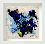 Peinture abstraite bleu et noir avec éclats jaunes, dans un cadre blanc
