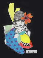 Affiche illustrée : fille en chapeau, fleur orange et robes à pois colorés.