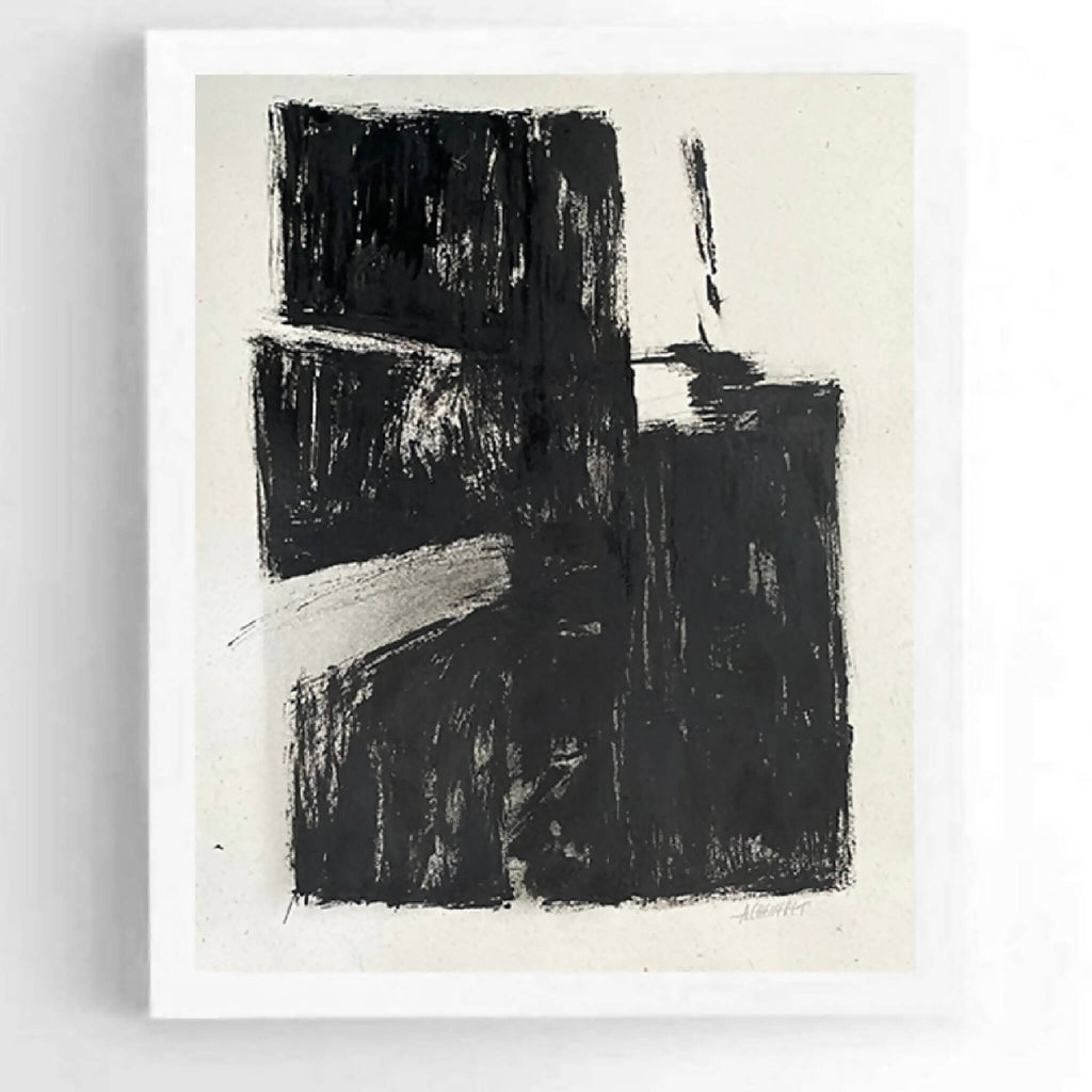 Tableau abstrait noir et gris, coups de pinceau, vue rapprochée sur l’œuvre