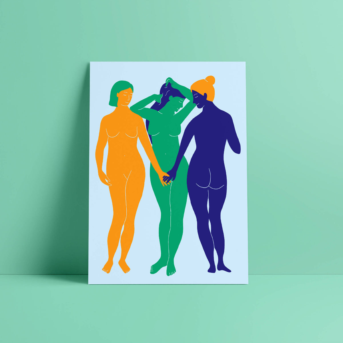 Affiche illustrée avec trois personnages stylisés aux teintes orange, vert et bleu.