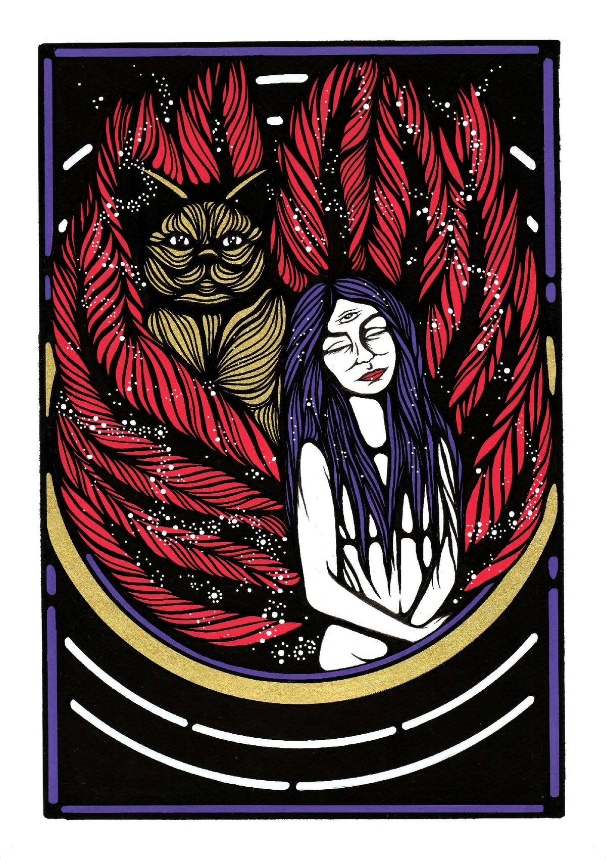 Illustration Epopée : femme cheveux bleus, visage jaune, plumes rouges, arcs blancs