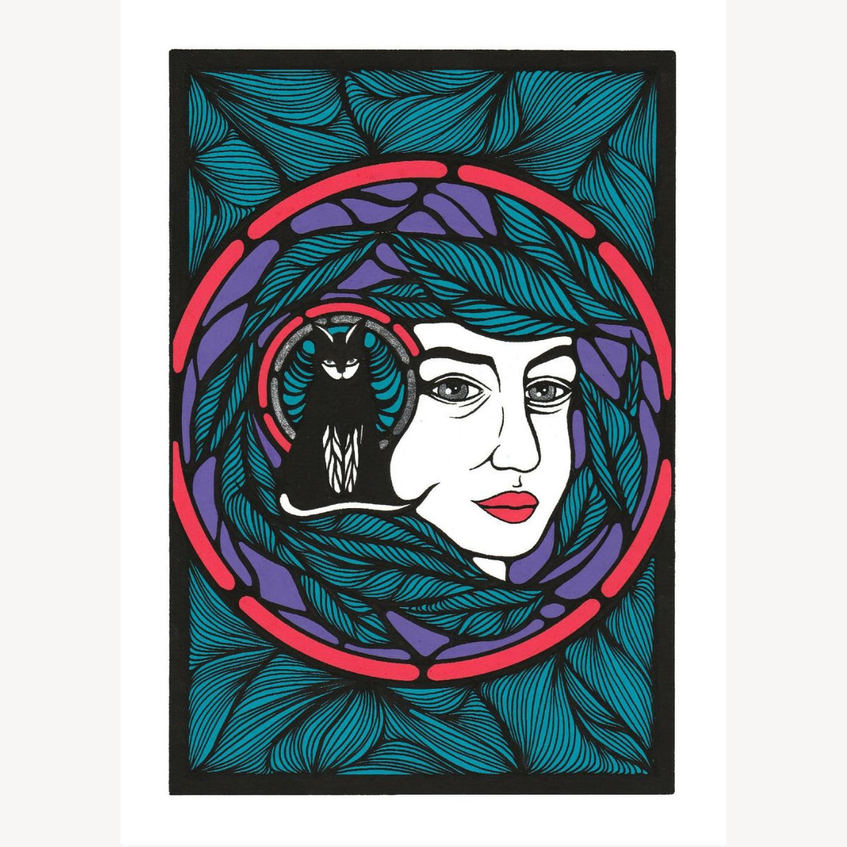 Illustration encadrée: portrait femme et buste d’animal, feuillages bleus, contours roses
