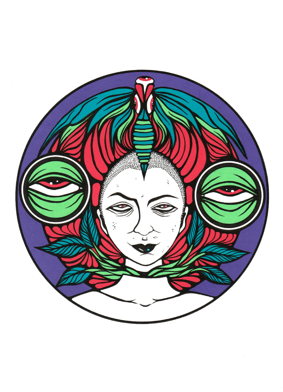 Affiche illustrée circulaire visage féminin, cheveux vert-rouge, feuilles turquoise et fond violet
