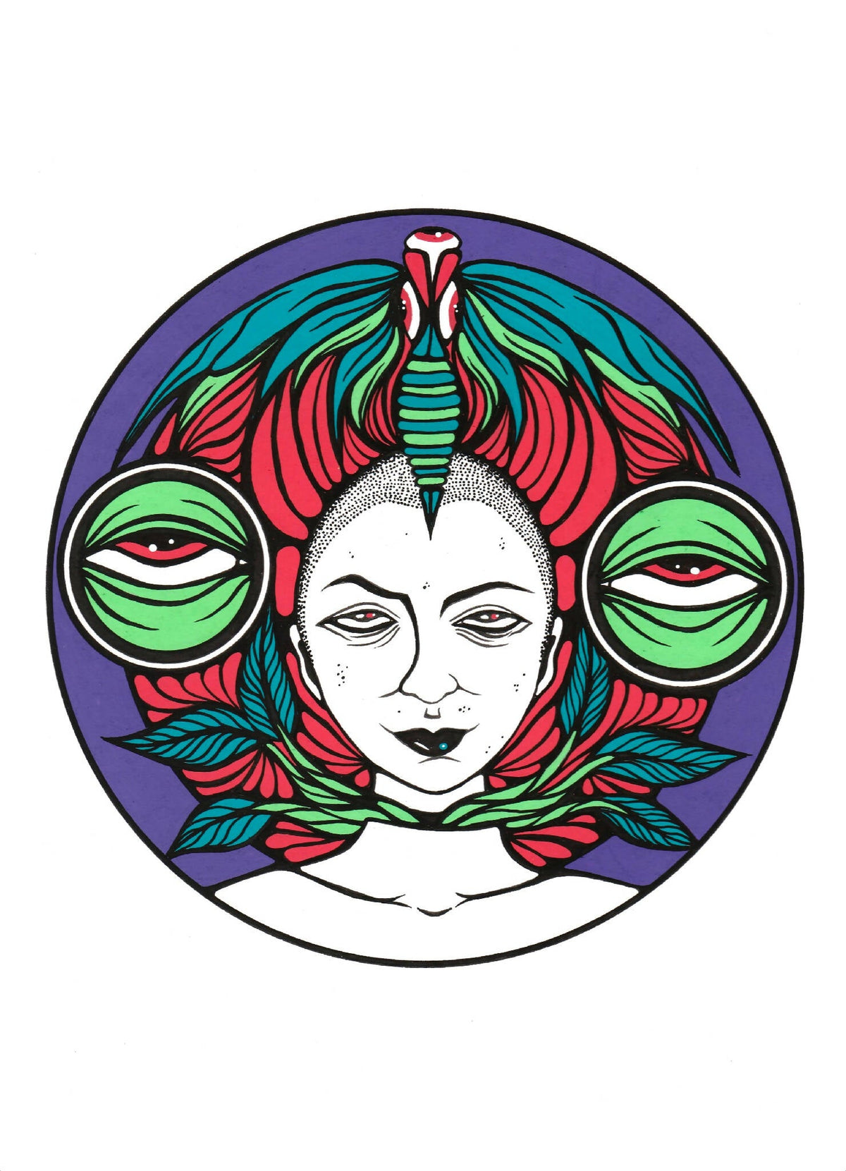 Affiche illustrée circulaire visage féminin, cheveux vert-rouge, feuilles turquoise et fond violet