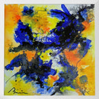 Peinture abstraite Interstellaire aux formes bleu, noir et jaune, texture épaisse