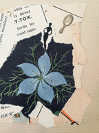 Collage "Jour" zoomé : grande fleur bleue, feuillage vert et silhouettes noires