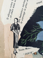 Collage "Jour" : femme illustrée noire, fleur bleue partielle et texte stylisé