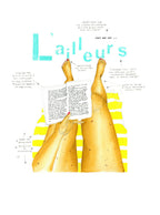 Affiche L'ailleurs avec lettres bleues, texte manuscrit et mains colorées.