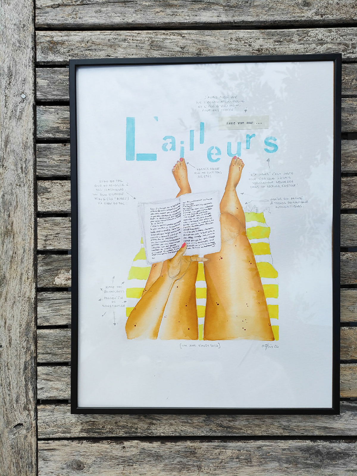 Affiche encadrée L'ailleurs avec mains colorées et texte, cadre noir.